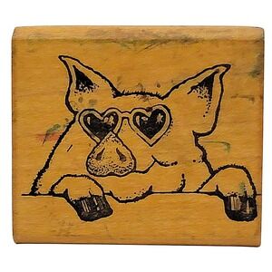 VTG 80s All Night Media Pig O My Heart Rubber Stamp 171E Sunglasses Wood Mounted